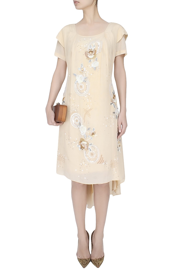 Elysian by Gitanjali presents Beige rosette pattern high low dress with plaited tie up robe belt available only at Pernia's Pop Up Shop.