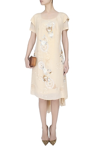 Beige Rosette Pattern High Low Dress With Plaited Tie Up Robe Belt by Elysian By Gitanjali