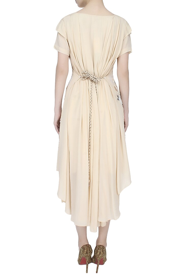 Elysian by Gitanjali presents Beige rosette pattern high low dress with plaited tie up robe belt available only at Pernia's Pop Up Shop.