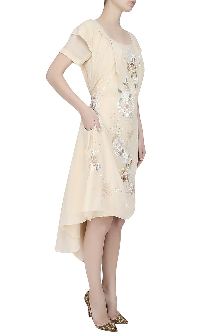 Elysian by Gitanjali presents Beige rosette pattern high low dress with plaited tie up robe belt available only at Pernia's Pop Up Shop.