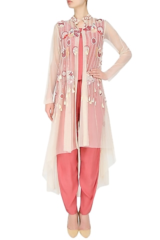 Beige 3D Applique Tassel Beaded Hand Embroidery Jacket With Pink Crop Top And Palazzo Pants Set by Elysian By Gitanjali