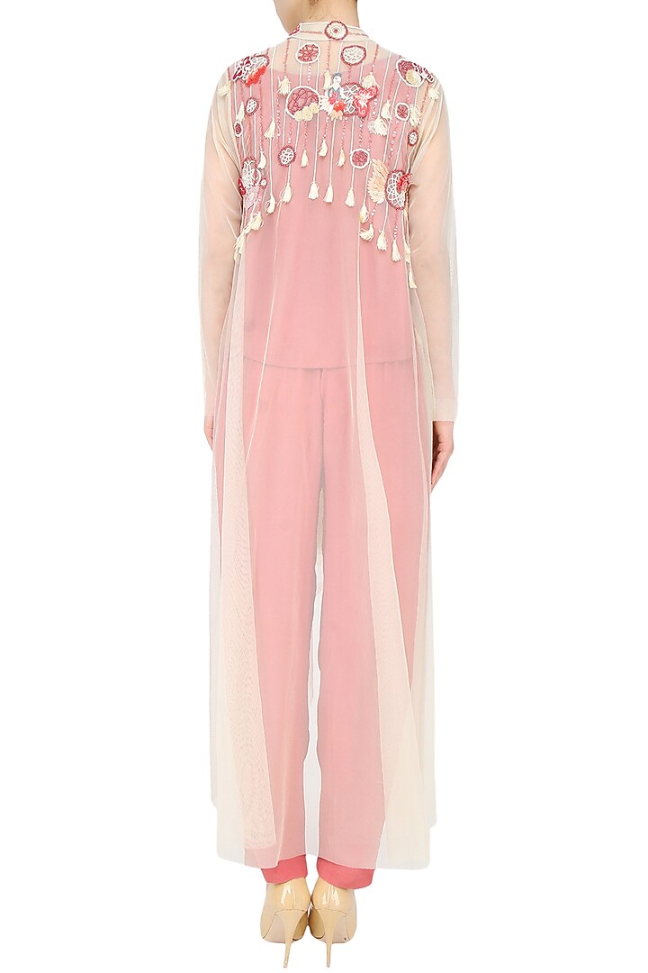 Elysian by Gitanjali presents Beige 3D applique tassel beaded hand embroidery with pink crop top and palazzo pants set available only at Pernia's Pop Up Shop.