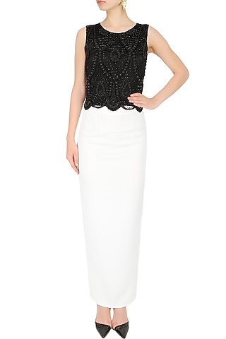 Black Beads And Sequins Embellished Crop Top by Elysian By Gitanjali