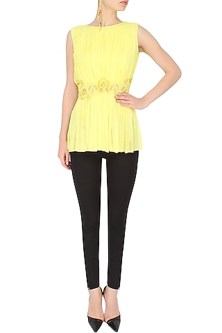 Lemon Yellow Cut-Work Sequinned Top by Elysian By Gitanjali