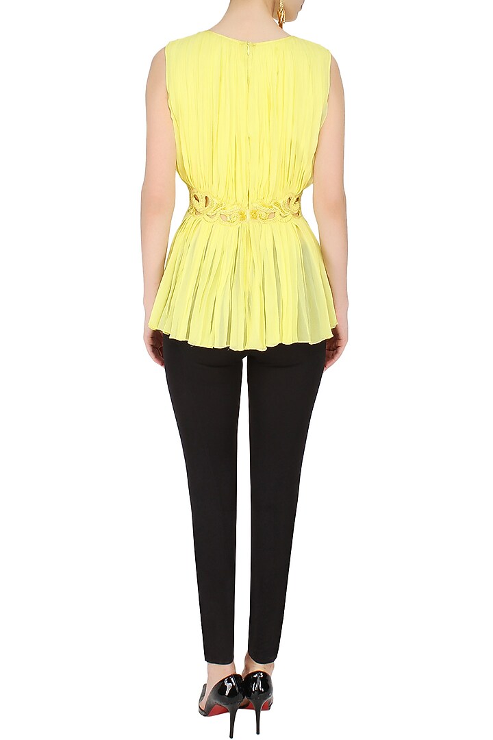 Elysian by Gitanjali presents Lemon yellow cut work sequinned top available only at Pernia's Pop Up Shop.