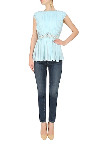 Sky Blue Cut-Work Sequinned Top by Elysian By Gitanjali