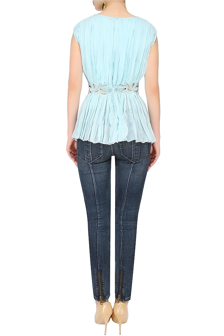 Elysian by Gitanjali presents Sky blue cut work sequinned top available only at Pernia's Pop Up Shop.