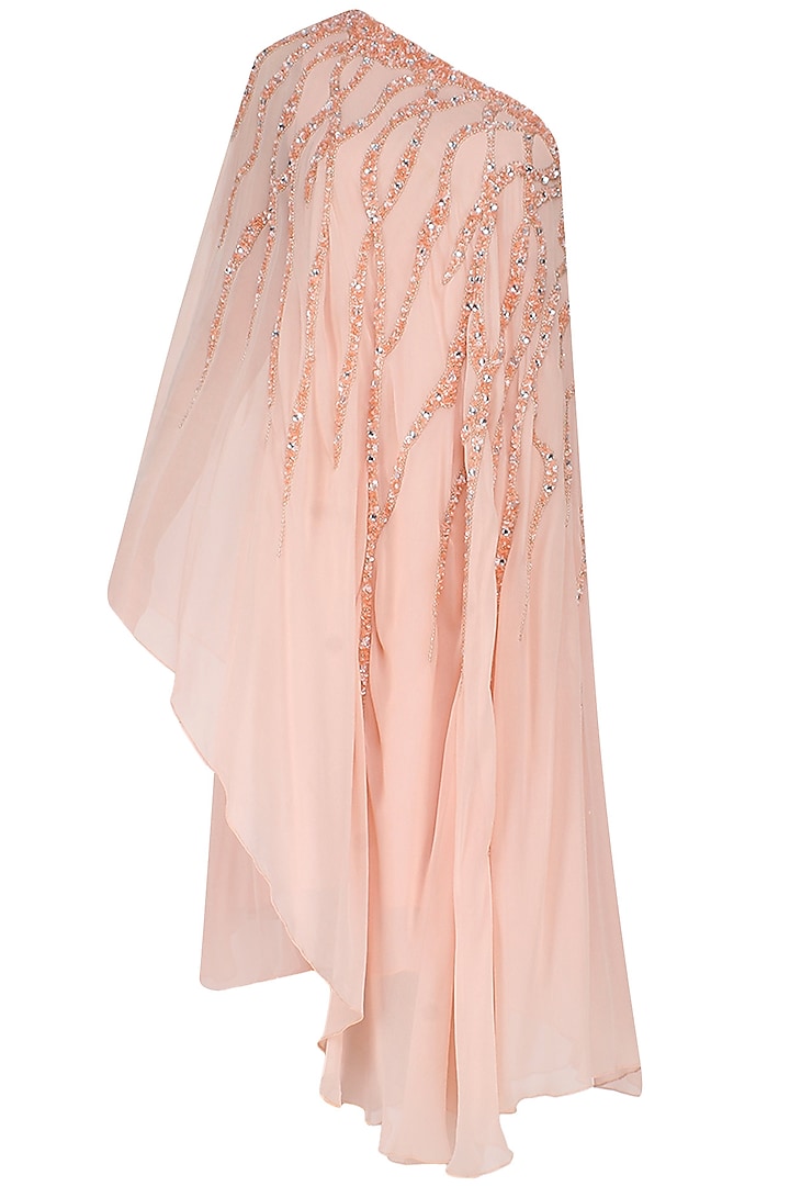 Peach One Shoulder Sequins Embellished Asymmetric Dress by Elysian By Gitanjali