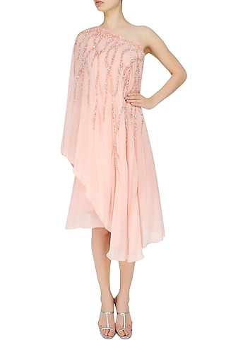 Peach One Shoulder Sequins Embellished Asymmetric Dress by Elysian By Gitanjali
