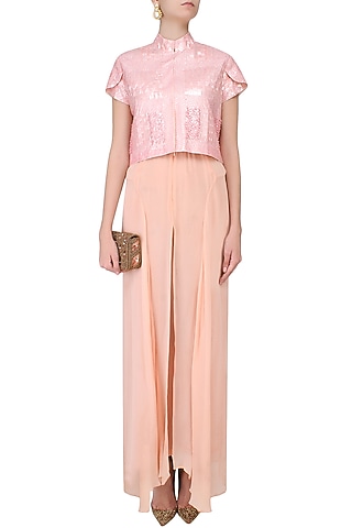 Peach Sequins Embellished High Neck Crop Jacket by Elysian By Gitanjali