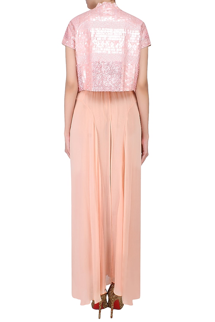 Elysian by Gitanjali presents Peach sequins embellished high neck crop jacket available only at Pernia's Pop Up Shop.