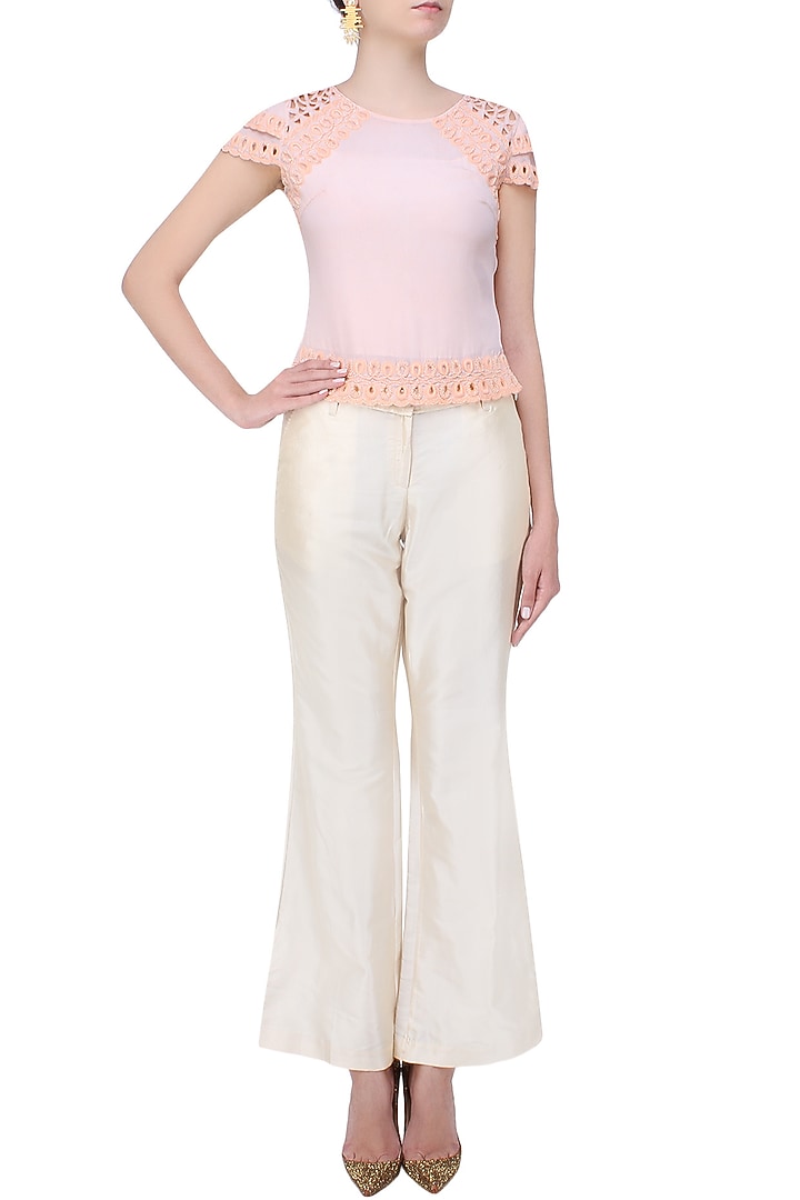 Elysian by Gitanjali presents White and peach hand embroidered top available only at Pernia's Pop Up Shop.