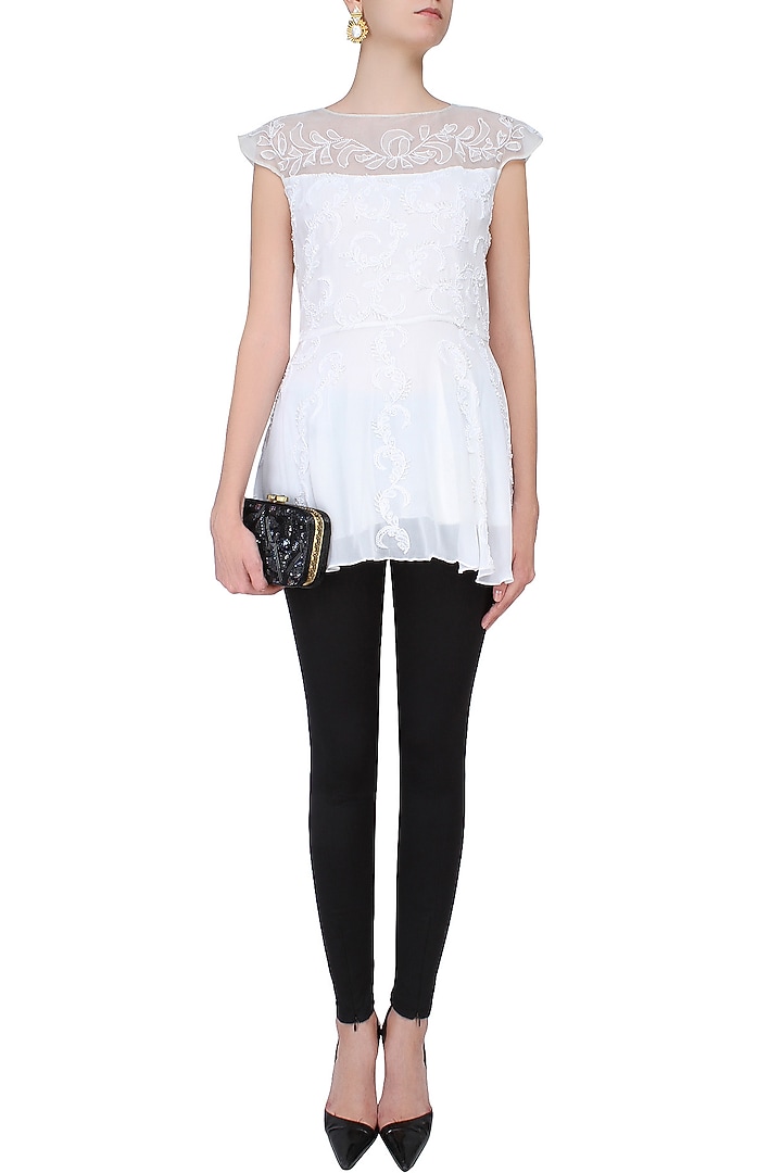 Elysian by Gitanjali presents White beaded thread hand embroidered peplum top available only at Pernia's Pop Up Shop.