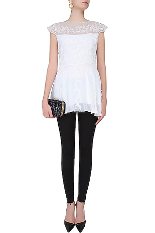 White Beaded Thread Hand Embroidered Peplum Top by Elysian By Gitanjali