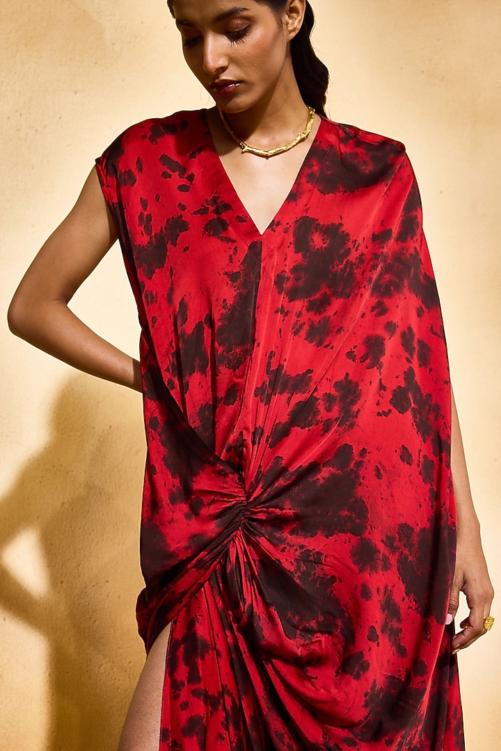 Red Imported Satin Tie-Dyed Vacation Dress by Echo Studio at Pernia's Pop Up Shop