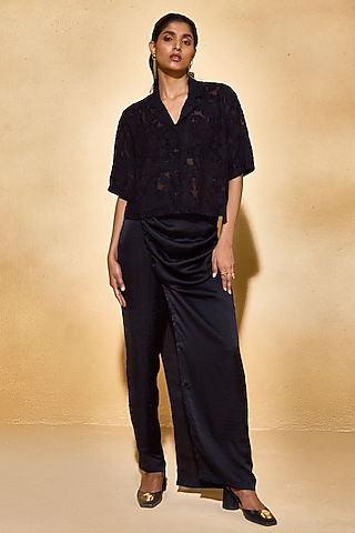Black Imported Satin Skirt Pant by Echo Studio