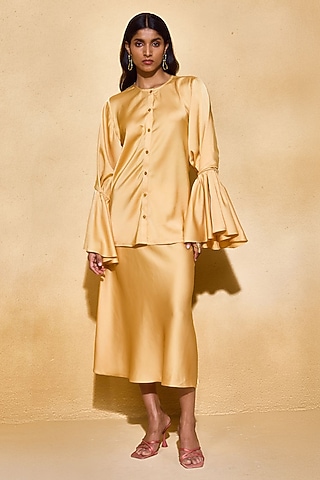 Yellow Imported Satin A-Line Skirt Set by Echo Studio