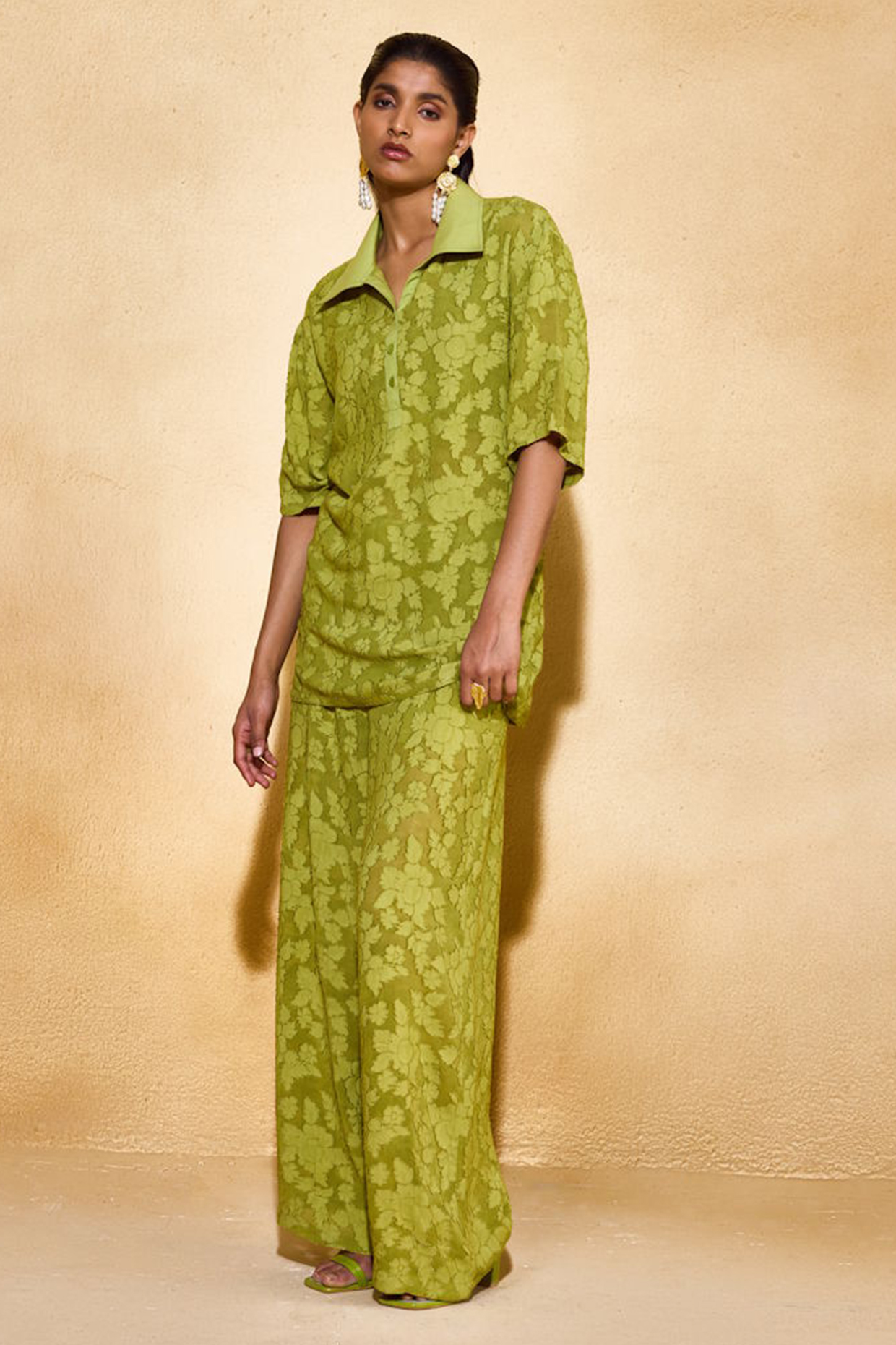 Moss Green Jacquard Viscose Co-Ord Set by Echo Studio at Pernia's Pop Up Shop