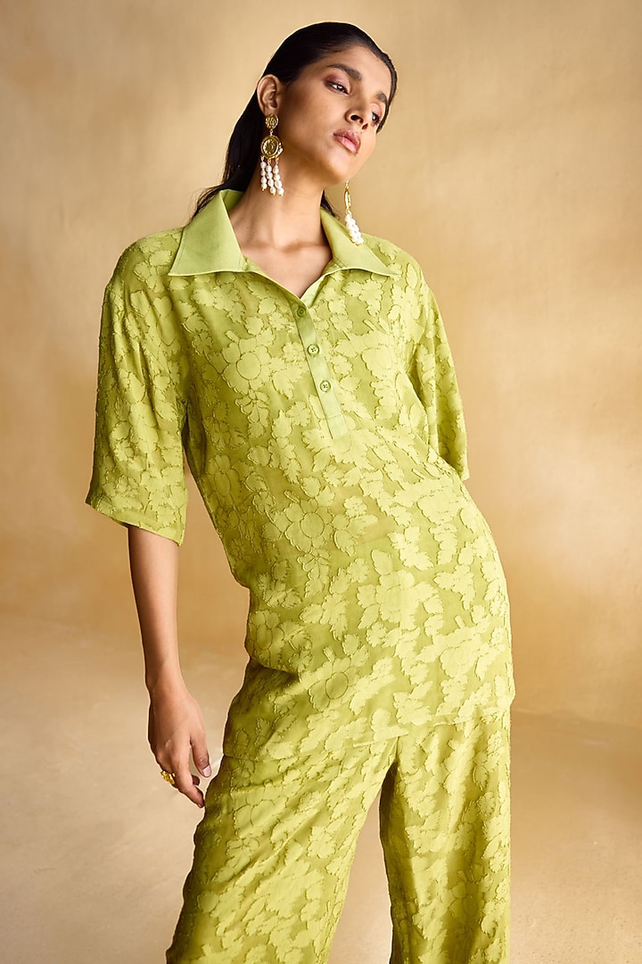 Moss Green Jacquard Viscose Co-Ord Set by Echo Studio at Pernia's Pop Up Shop