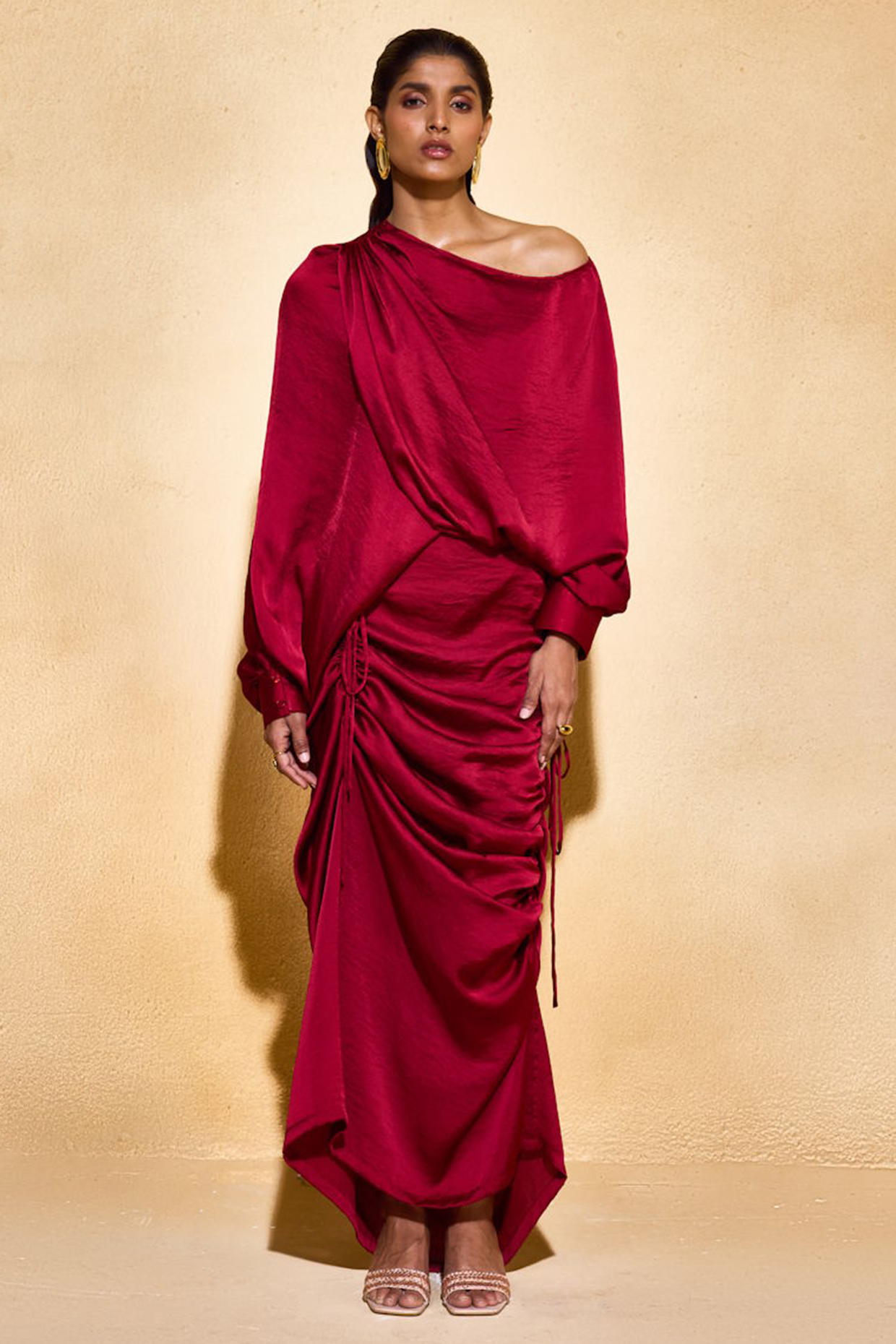 Red Satin Ruched Skirt Set by Echo Studio at Pernia's Pop Up Shop