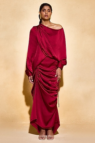 Red Satin Ruched Skirt Set by Echo Studio