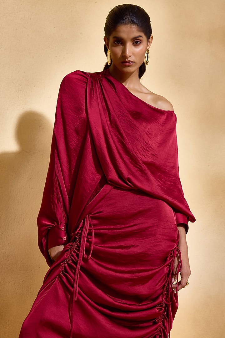 Red Satin Ruched Skirt Set by Echo Studio at Pernia's Pop Up Shop