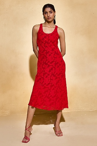 Red Jacquard Viscose Midi Floral Dress by Echo Studio