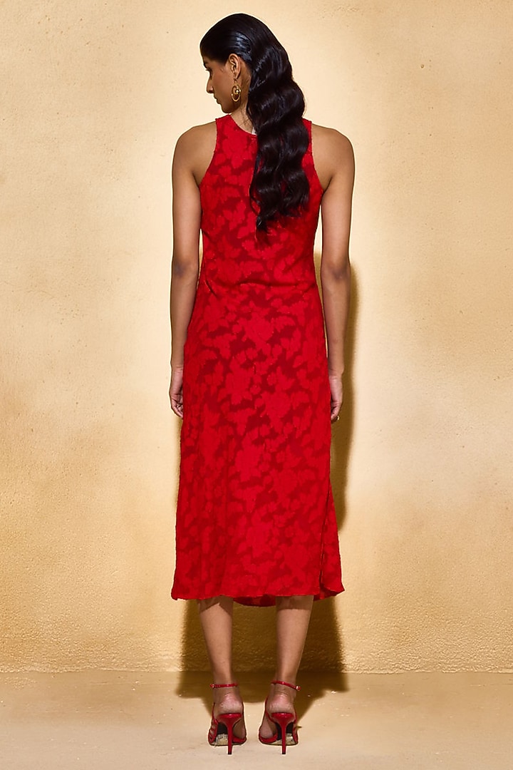 Red Jacquard Viscose Midi Floral Summer Dress by Echo Studio at Pernia's Pop Up Shop