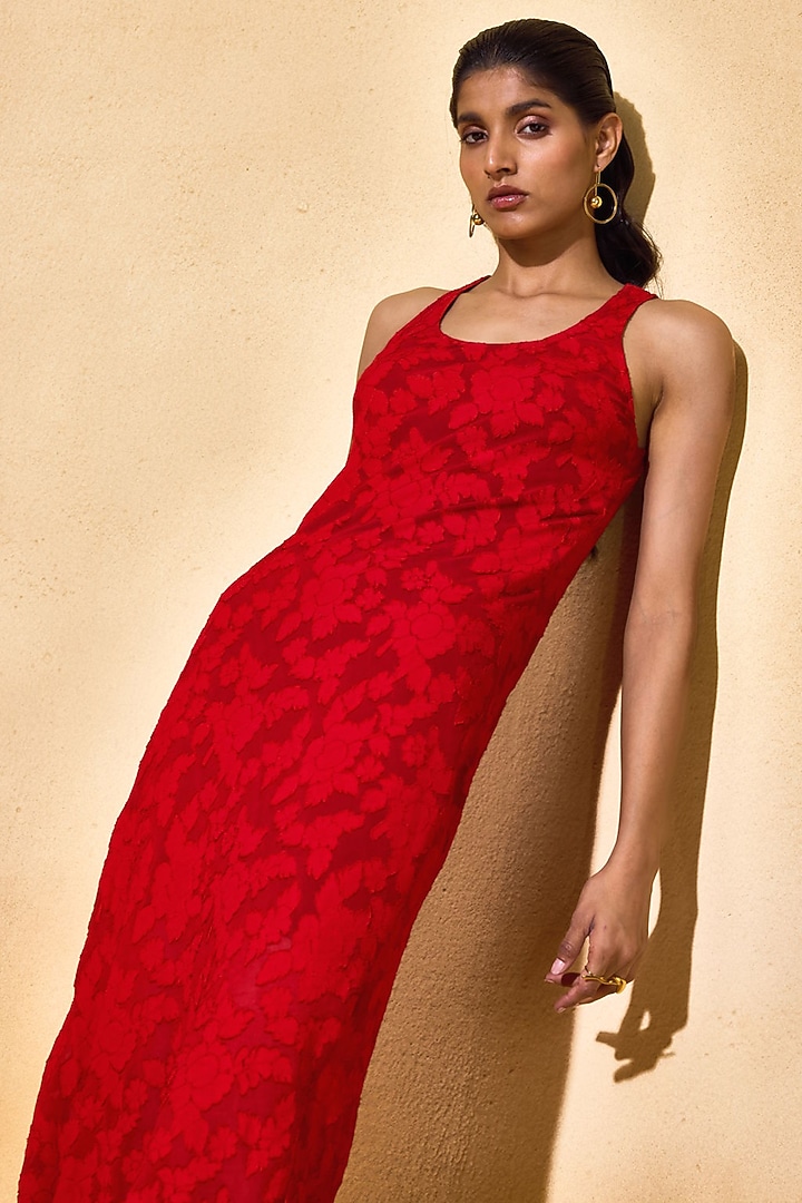 Red Jacquard Viscose Midi Floral Summer Dress by Echo Studio at Pernia's Pop Up Shop