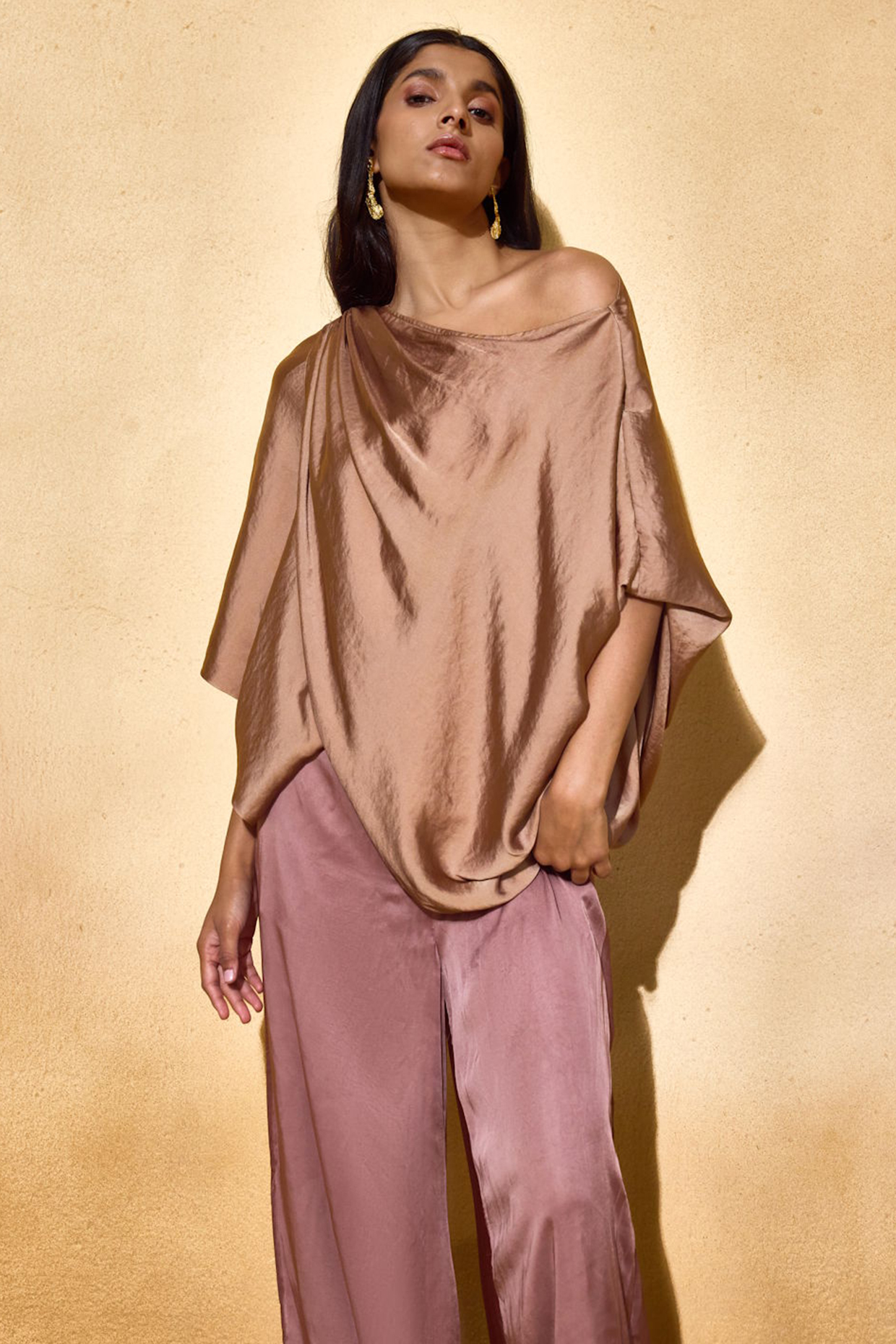 Bronze Imported Satin Draped Top by Echo Studio at Pernia's Pop Up Shop