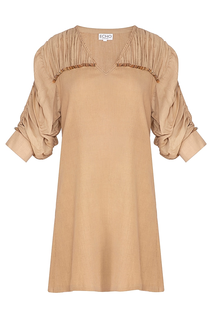 Beige Embroidered Crinkled Cotton Dress by Echo