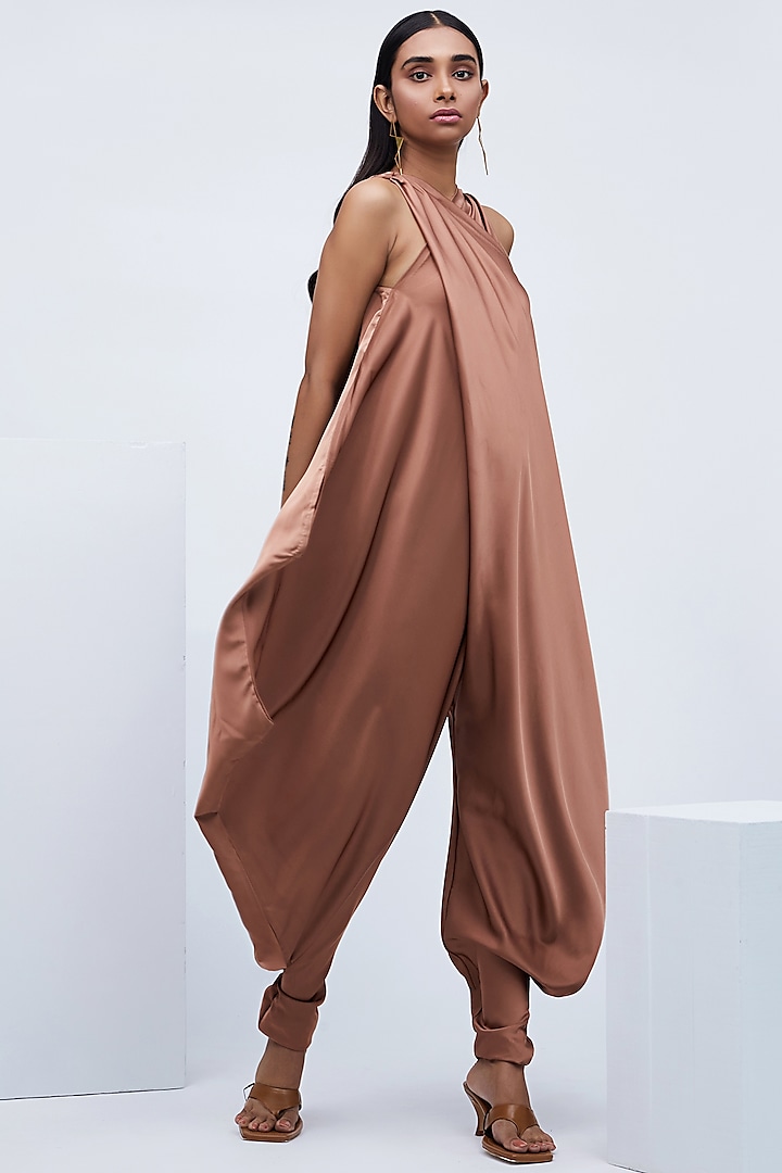 Brown Draped Jumpsuit With Fitted Ankle by Echo