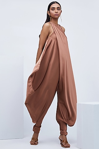 Brown Draped Jumpsuit With Fitted Ankle by Echo Studio