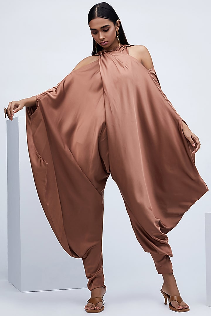 Brown Draped Jumpsuit With Fitted Ankle by Echo Studio at Pernia's Pop Up Shop
