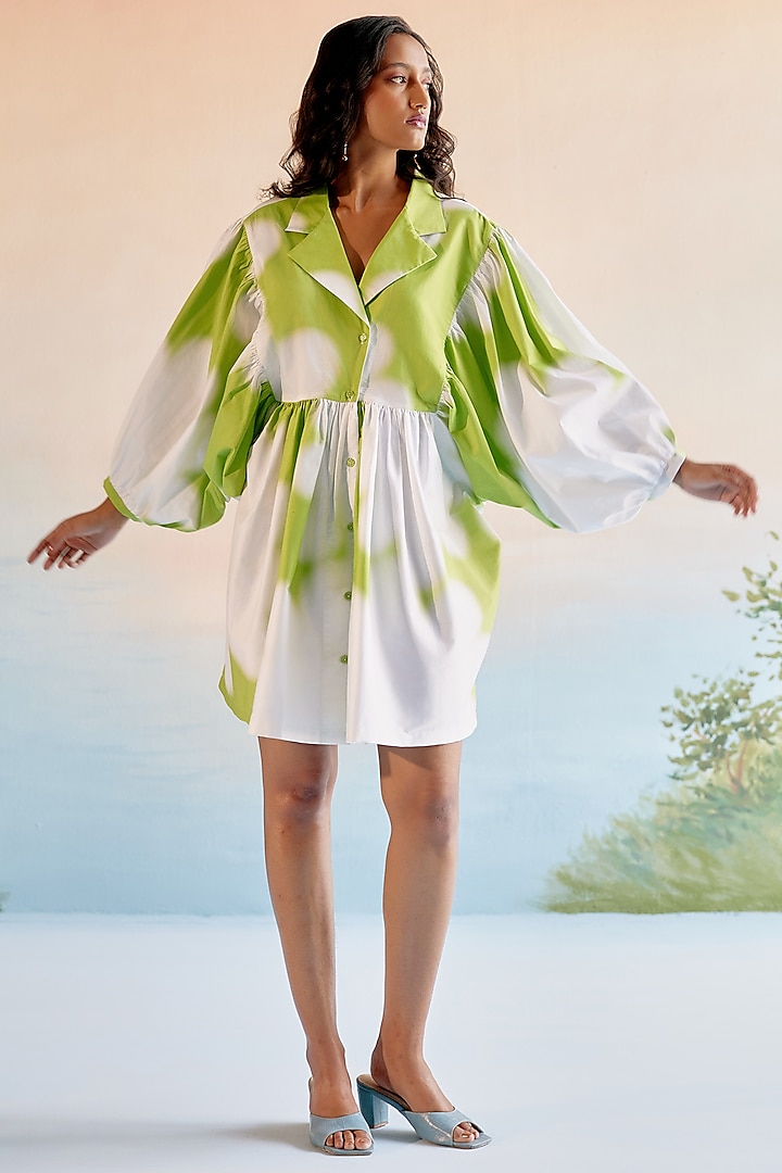 Green & White Cotton Satin Printed Mini Dress by Echo at Pernia's Pop Up Shop