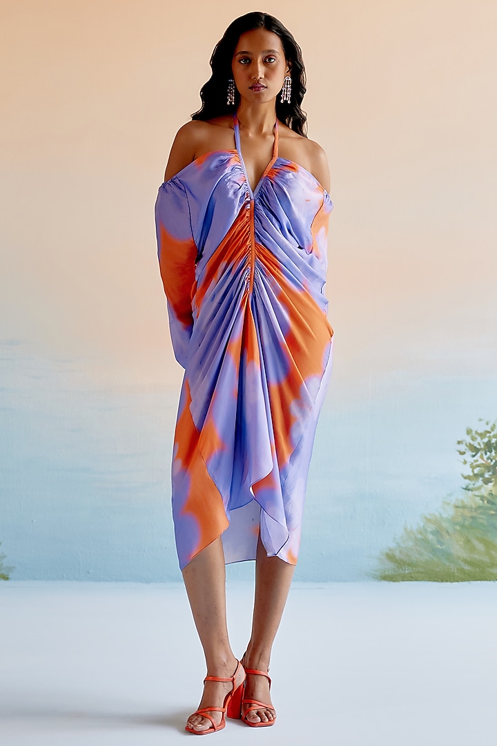 Orange & Purple Modal Viscose Abstract Printed Midi Dress by Echo at Pernia's Pop Up Shop