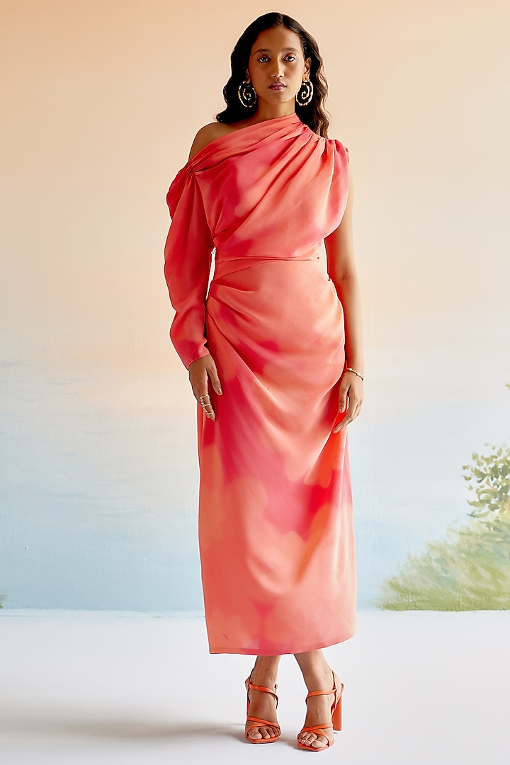 Red & Peach Silk Crepe One-Shoulder Maxi Dress by Echo at Pernia's Pop Up Shop