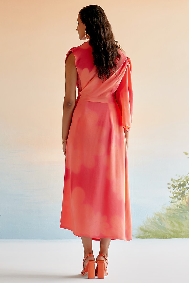 Red & Peach Silk Crepe One-Shoulder Maxi Vacation Dress by Echo Studio at Pernia's Pop Up Shop