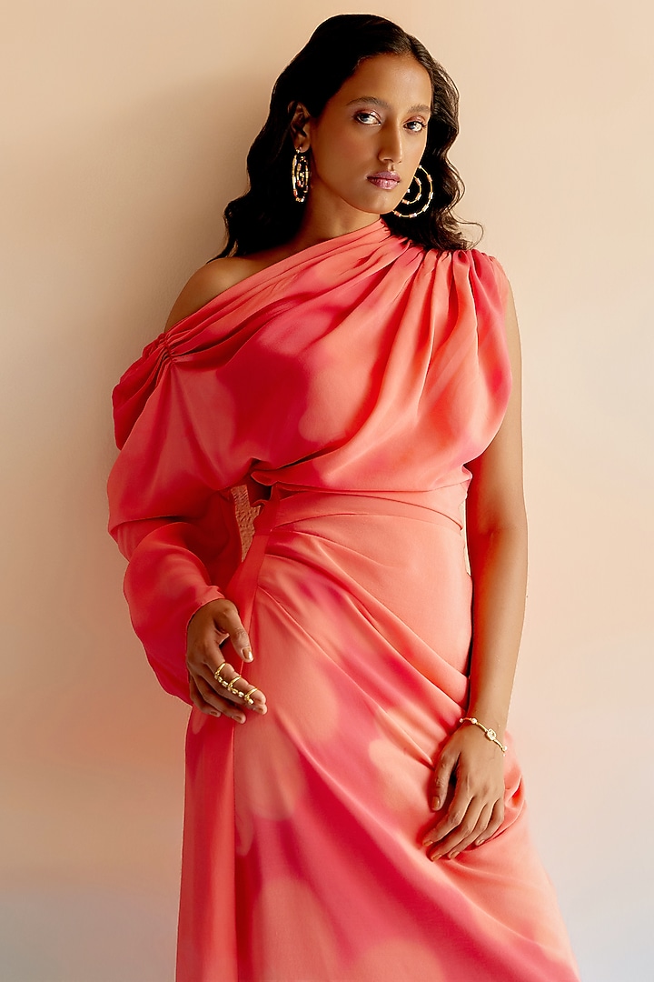 Red & Peach Silk Crepe One-Shoulder Maxi Vacation Dress by Echo Studio at Pernia's Pop Up Shop