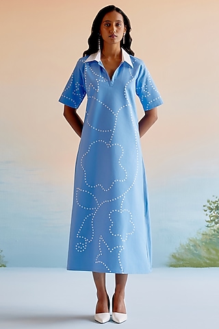 Blue & White Imported Crepe Maxi Dress by Echo Studio