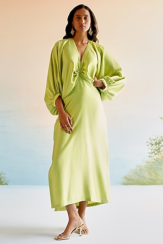 Green Imported Satin Maxi Dress by Echo Studio