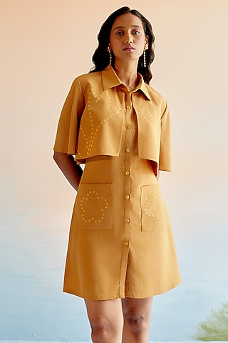 Yellow Imported Crepe Mini Shirt Dress by Echo Studio