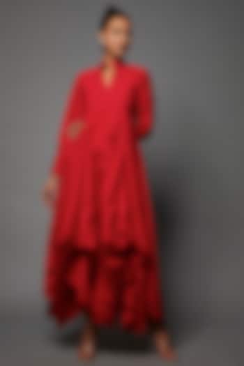 Red Cotton Blend Chinese Collar Asymmetrical Summer Dress by ECHKE at Pernia's Pop Up Shop