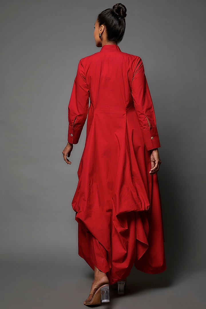 Red Cotton Blend Chinese Collar Asymmetrical Summer Dress by ECHKE at Pernia's Pop Up Shop