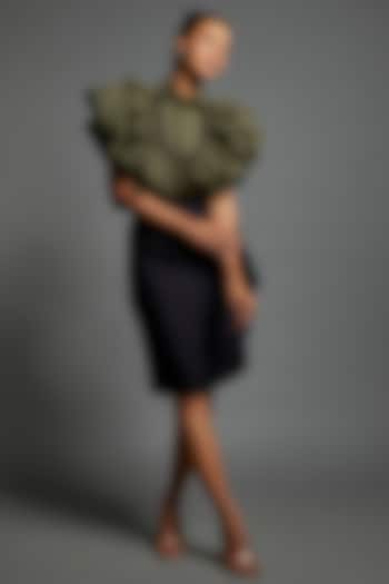 Olive Green Cotton Blend Ruffled Shirt by ECHKE at Pernia's Pop Up Shop