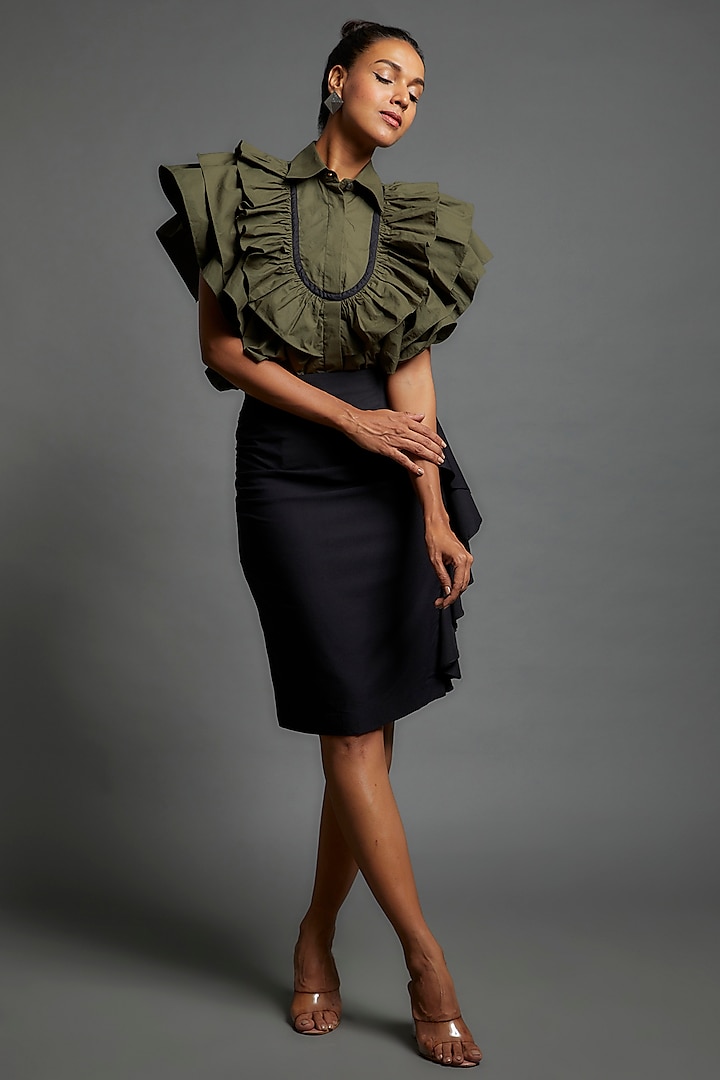 Olive Green Cotton Blend Ruffled Shirt by ECHKE at Pernia's Pop Up Shop