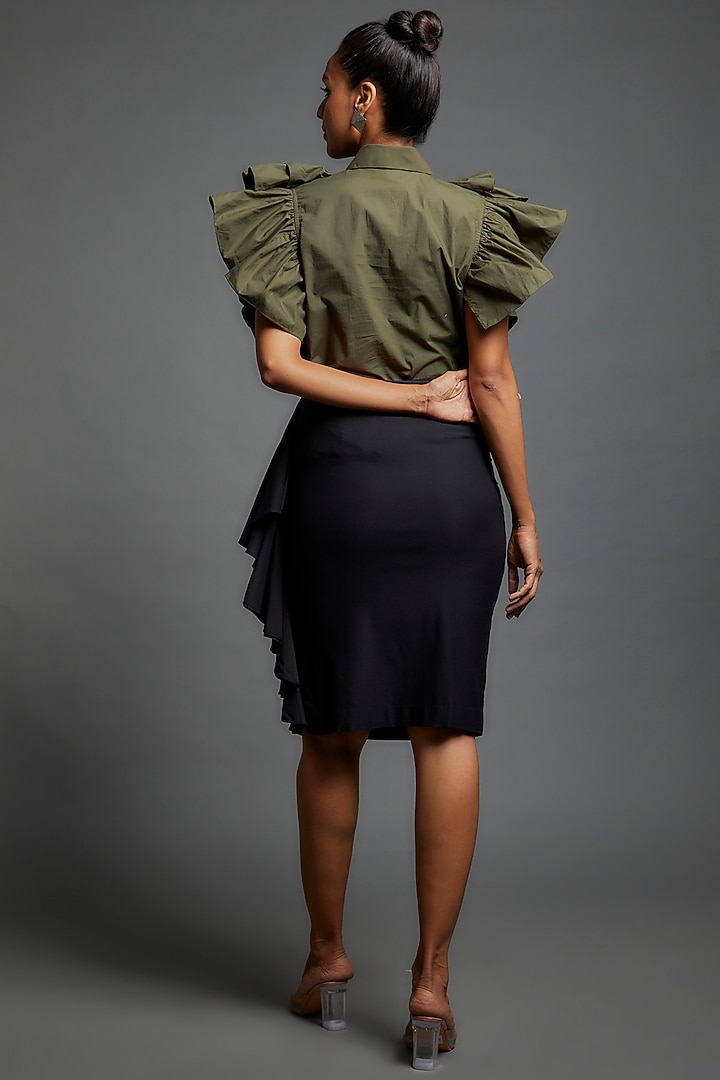 Olive Green Cotton Blend Ruffled Shirt by ECHKE at Pernia's Pop Up Shop