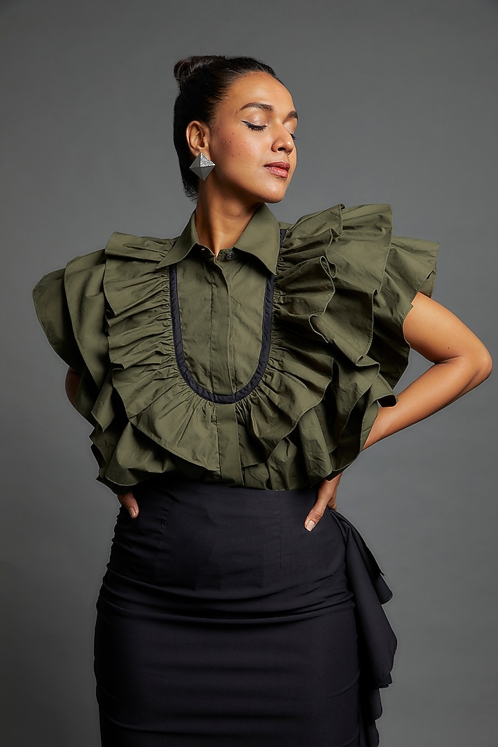 Olive Green Cotton Blend Ruffled Shirt by ECHKE at Pernia's Pop Up Shop