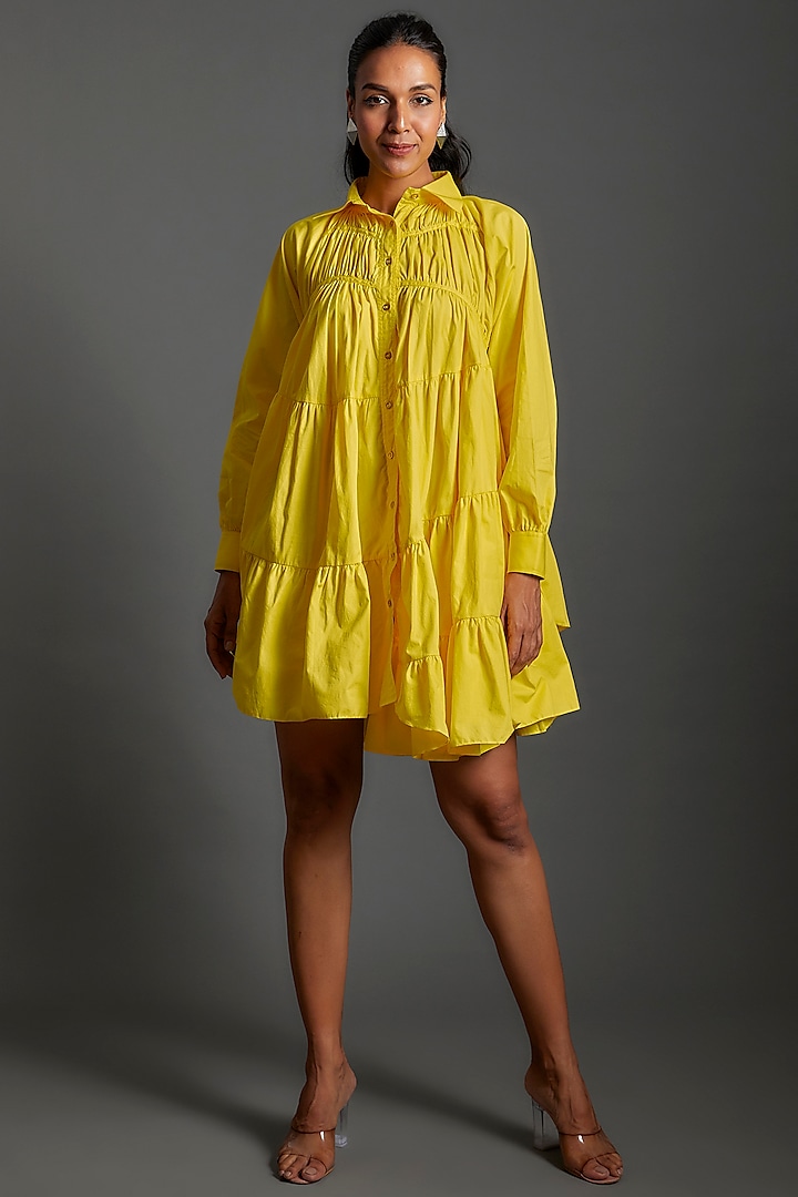 Yellow Cotton Poplin Blend Mini Tiered Dress by ECHKE
