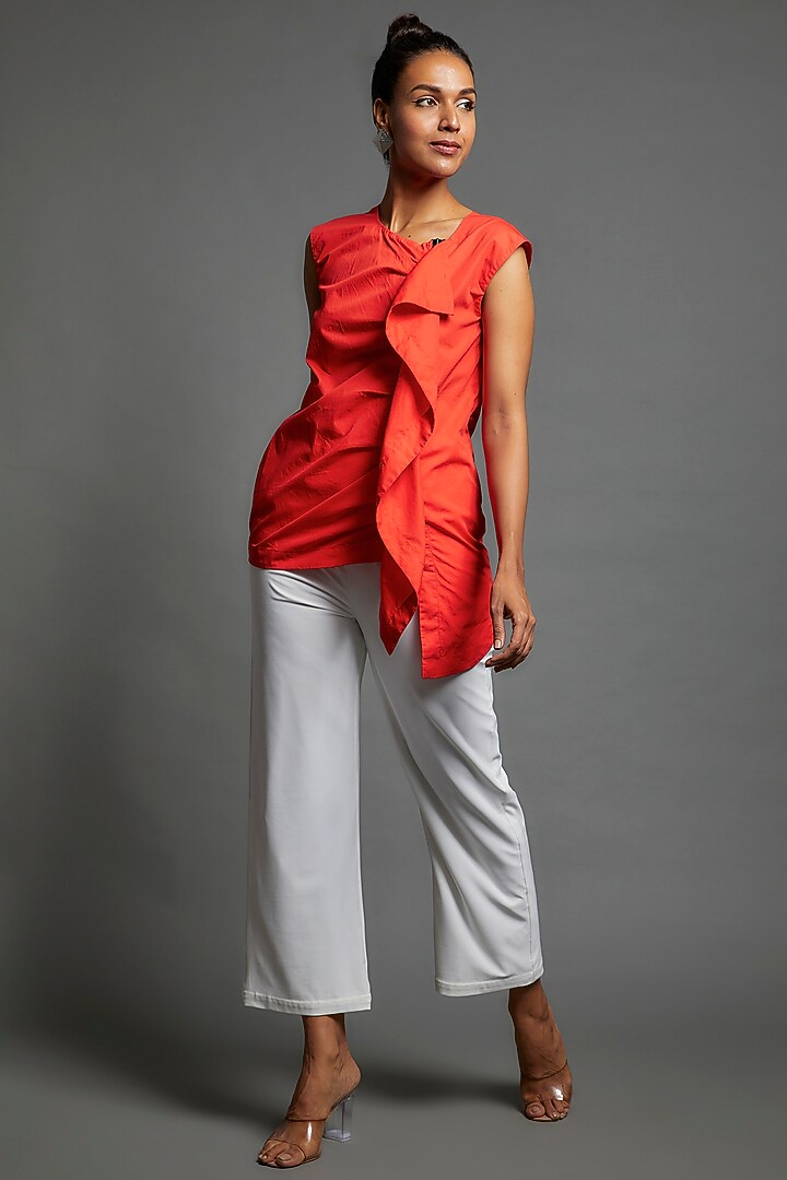 Coral Cotton Blend Frilled Top by ECHKE at Pernia's Pop Up Shop